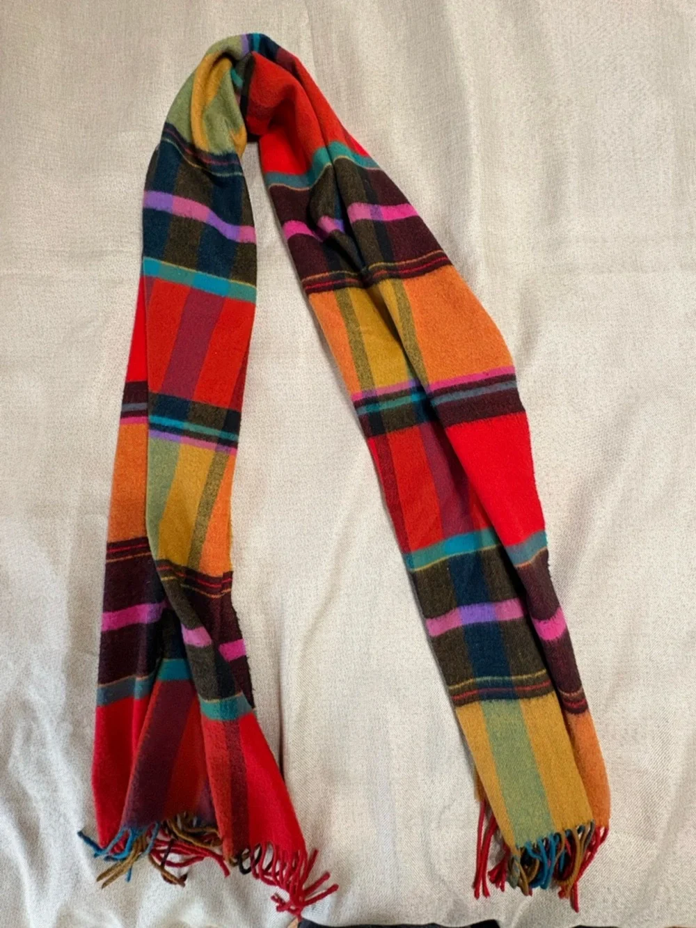 Bright Plaid Fringe Scarf Multicolor Tartan 15”x64”
